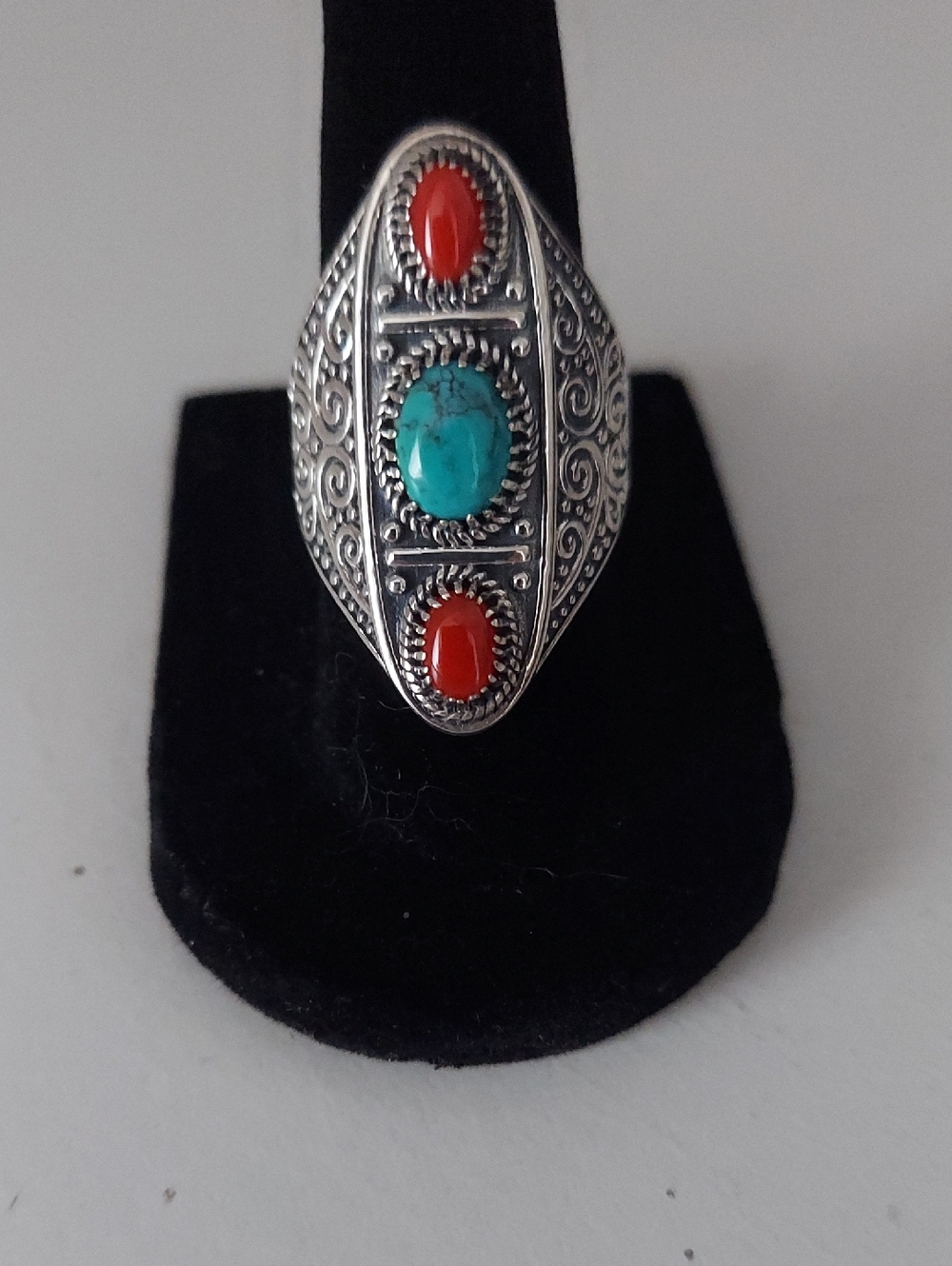 Turquoise and Coral Sterling Silver Oval Statement Ring - Women's Jewelry